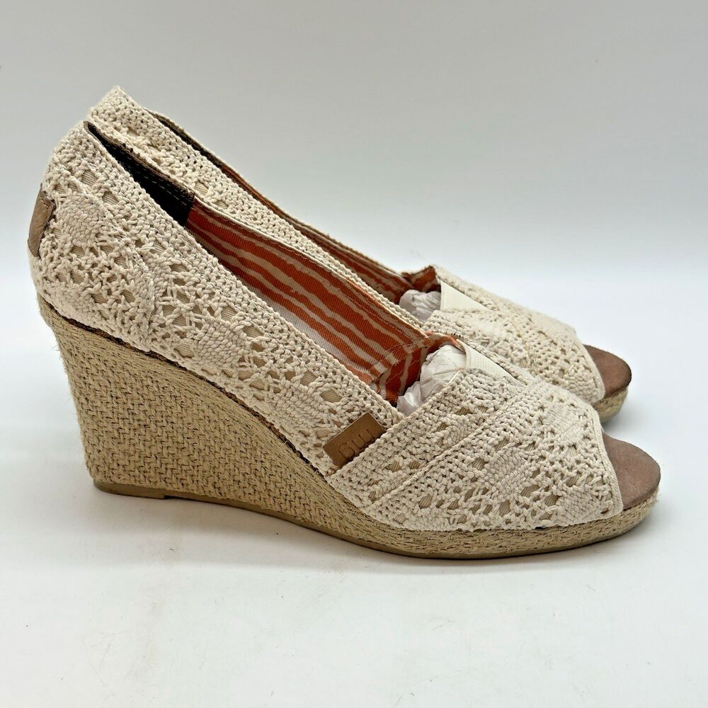 Madden Girl Tackle Espadrille Wedge Heels Women's 8.5M Ivory Crochet Peep Toe